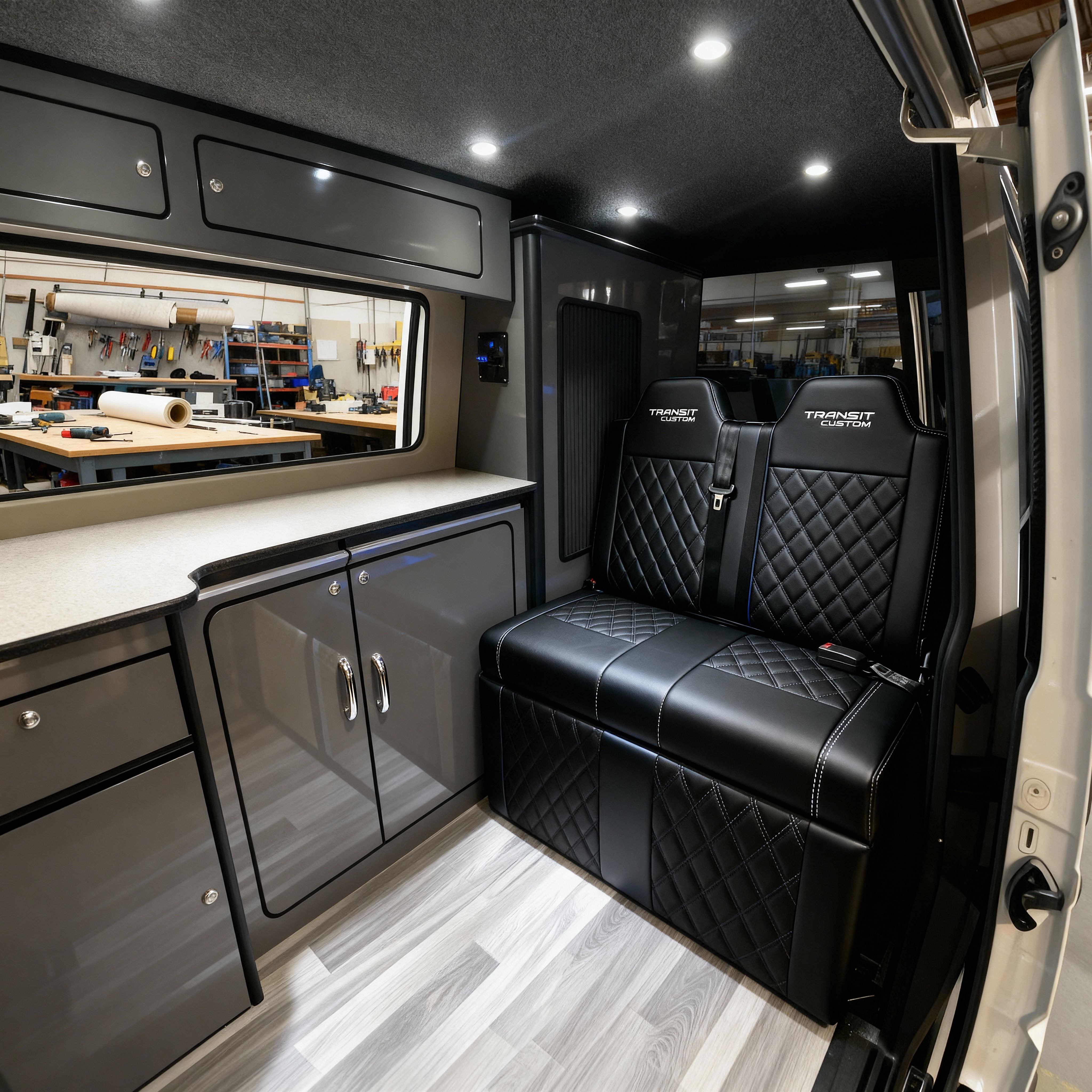 Transit custom rock n roll bed black vinyl Blue Note Upholstery